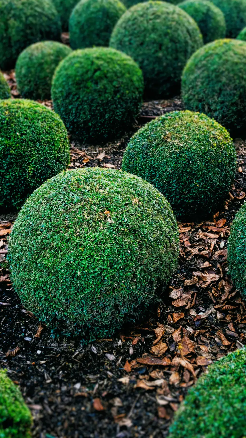 Photo d’illustration : des boules de buis taillées, dans un massif paillé.